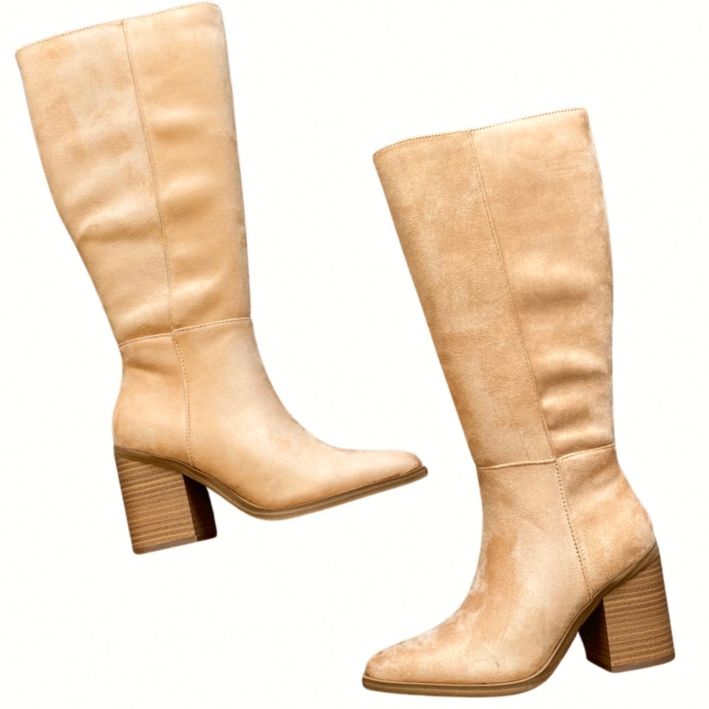 A camel faux suede boot that hits below the knee with a stacked, block heel.