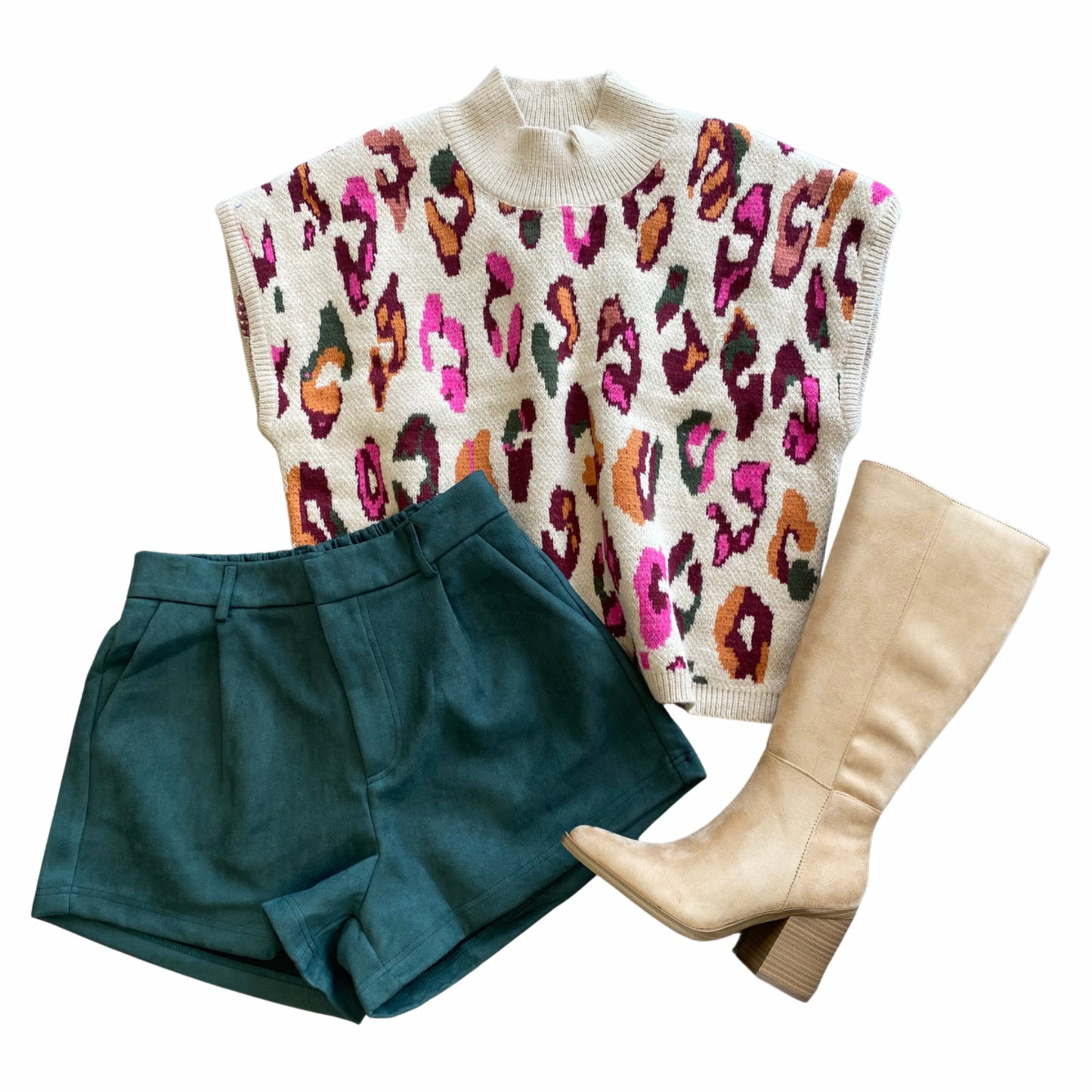 A multi colored short sleeve sweater with a mock neckline and leopard all over print.