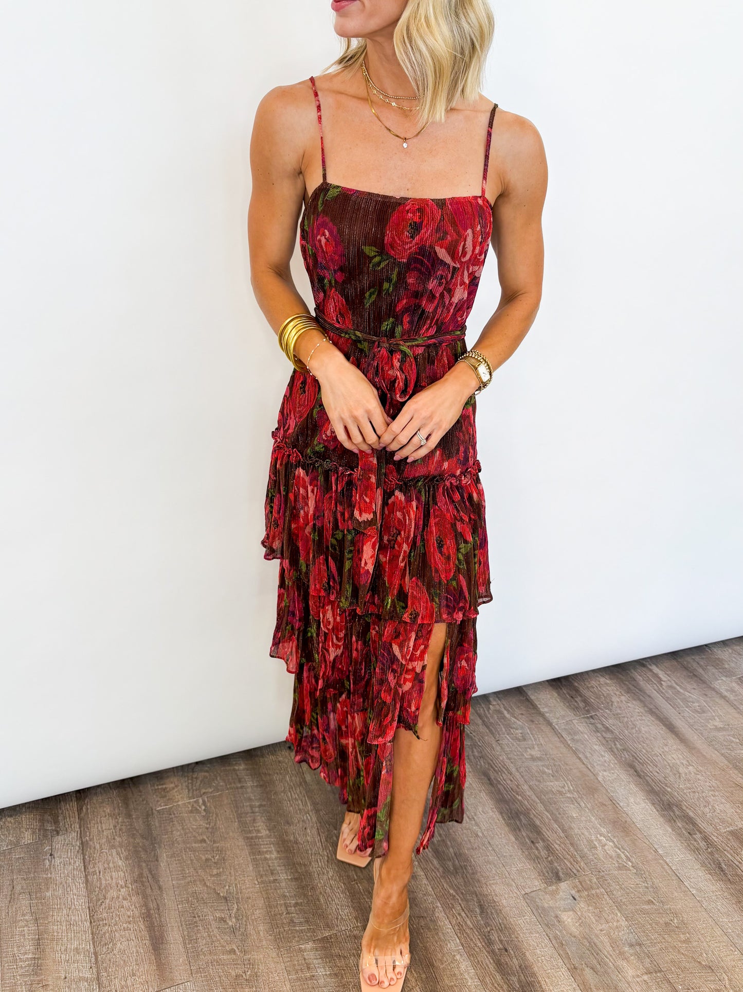 Scarlet Bloom Tiered Midi Dress