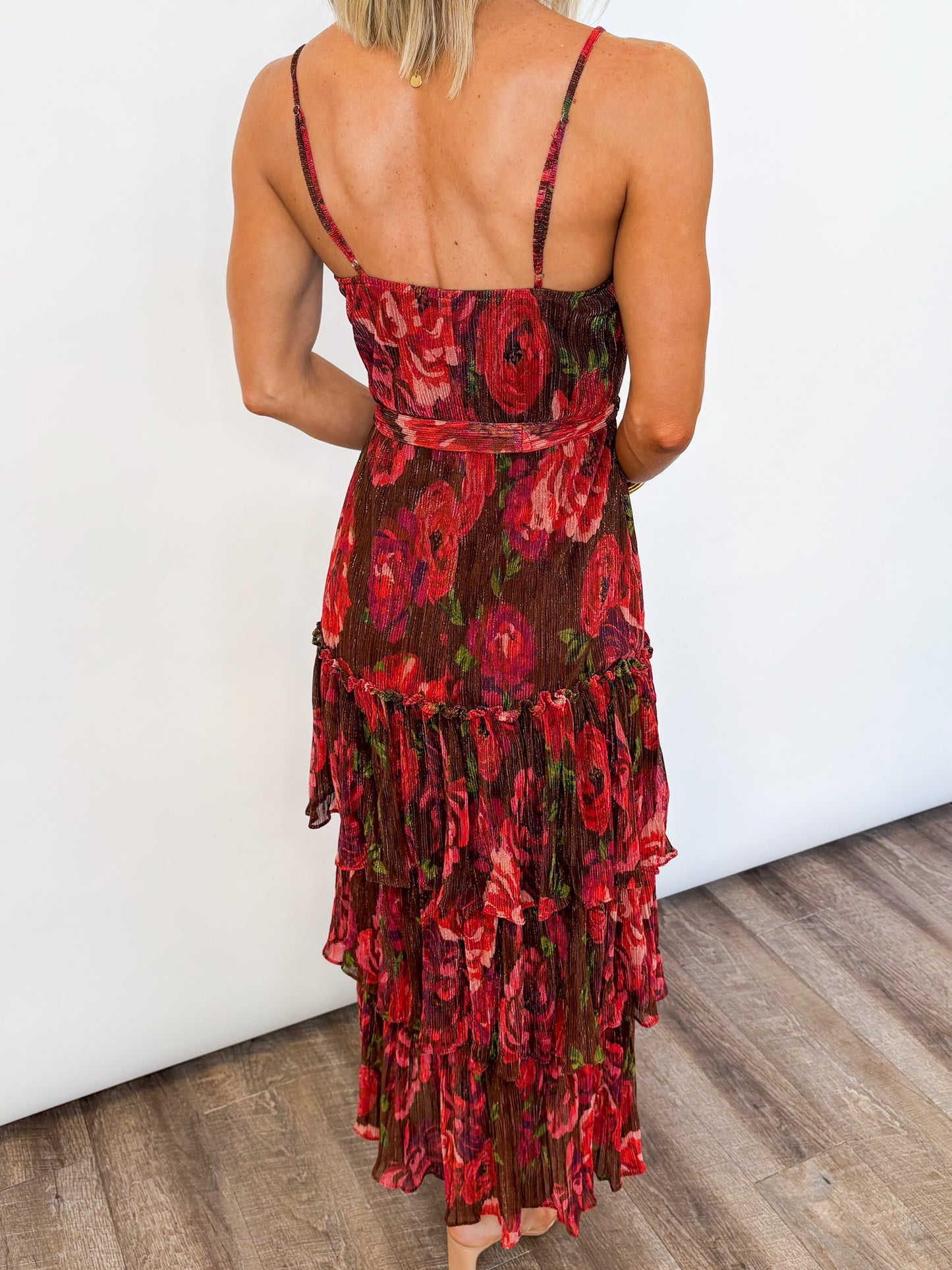 Scarlet Bloom Tiered Midi Dress