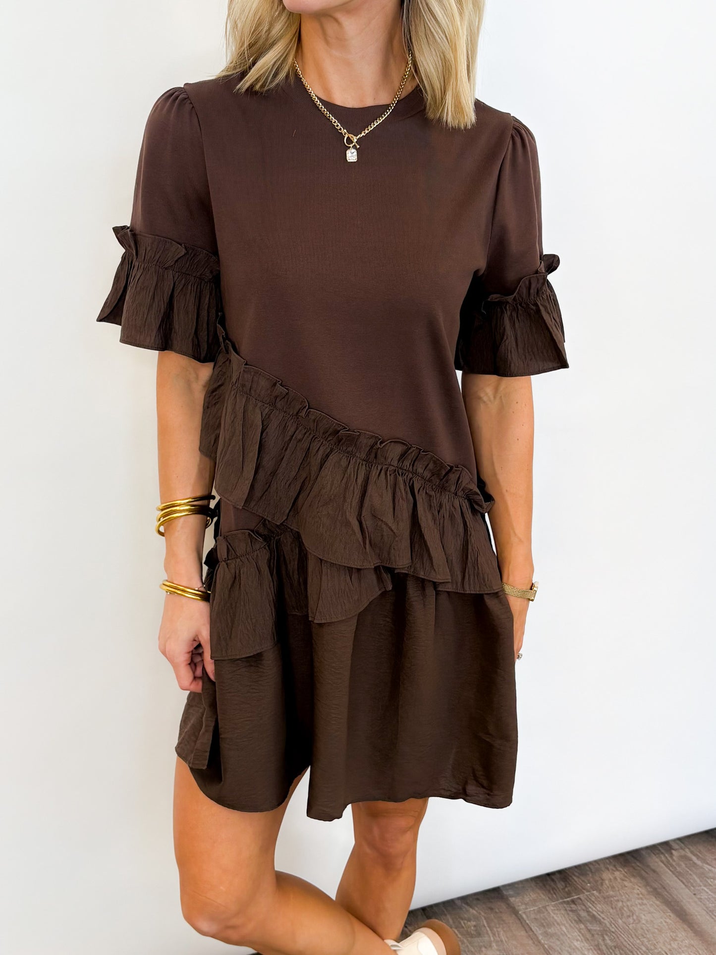 Mocha Ruffle Shift Dress