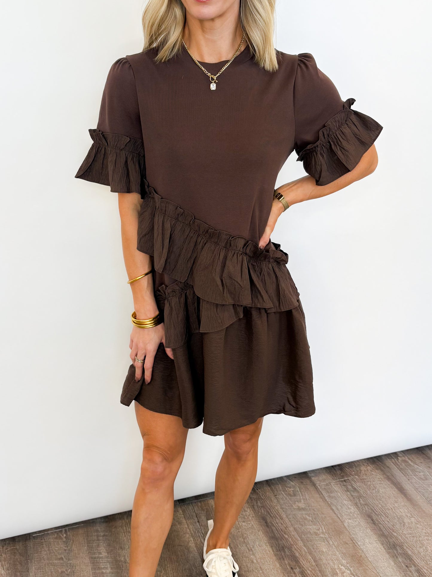 Mocha Ruffle Shift Dress