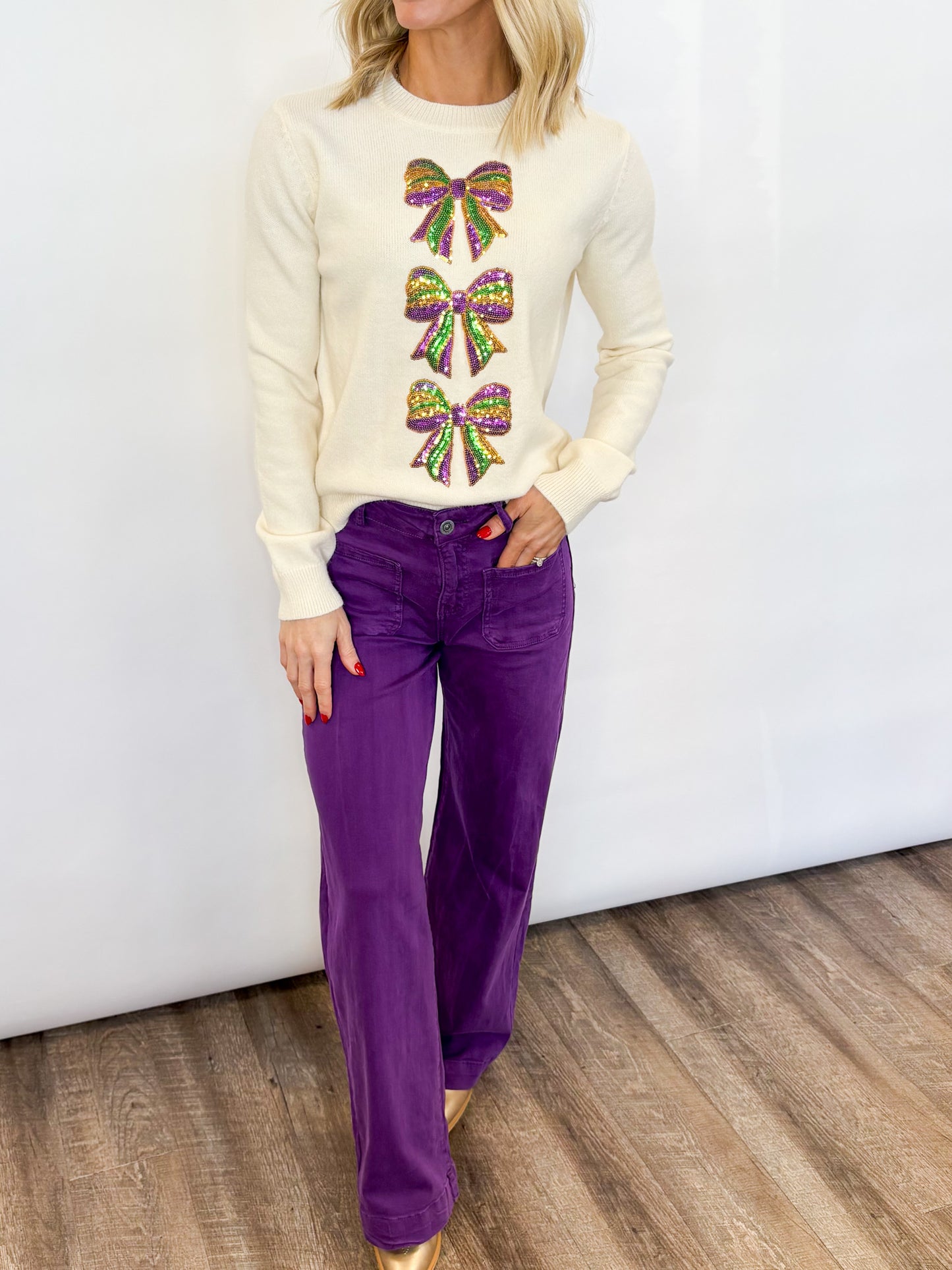 Mardi Gras Bow Sequin Sweater - 2 COLORS