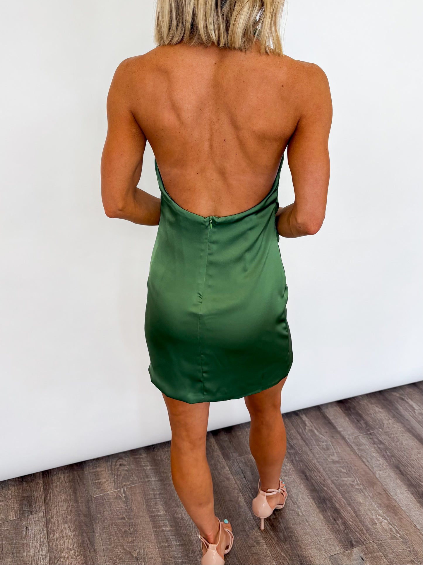Emerald Drape Satin Mini Dress