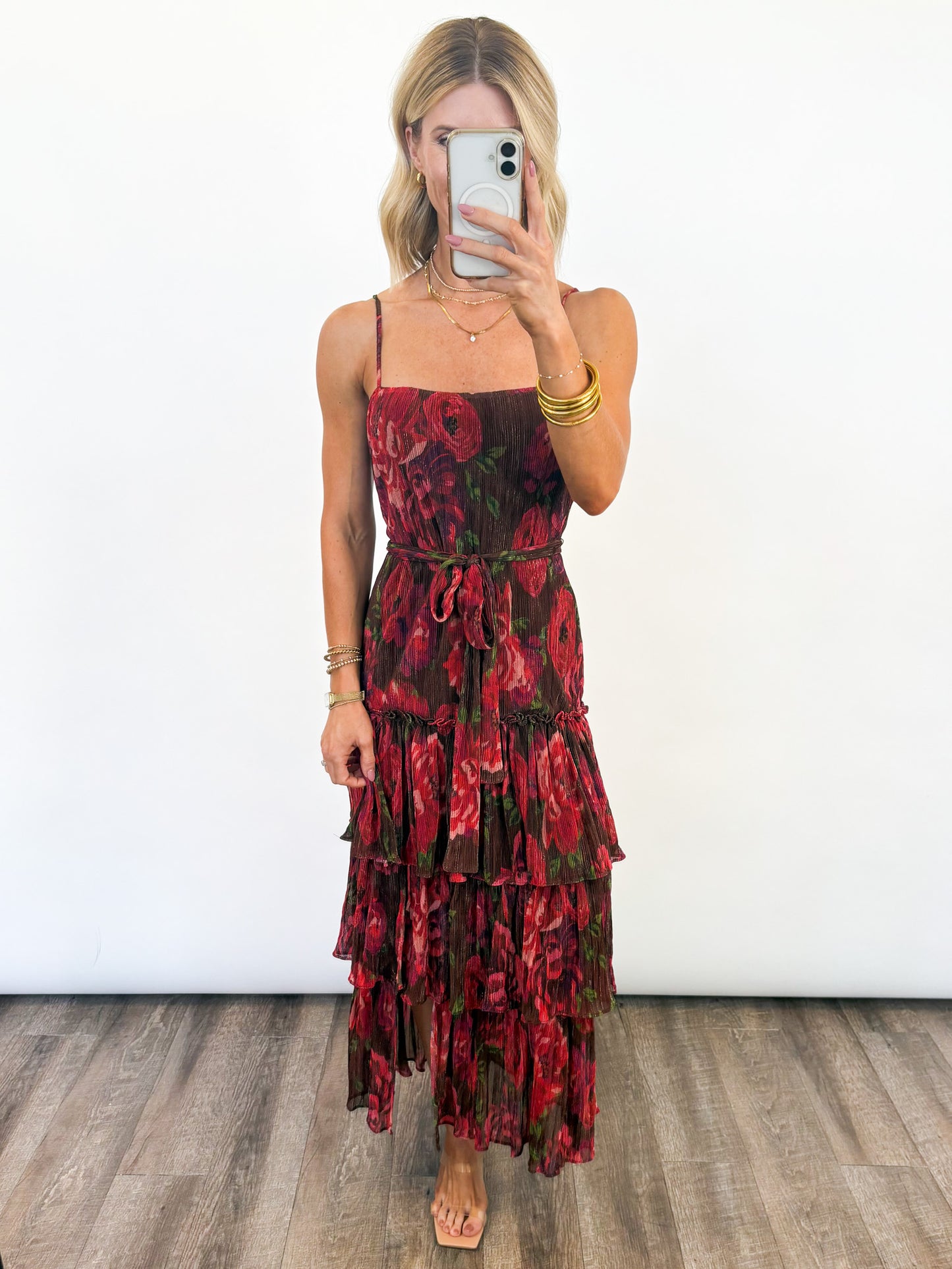 Scarlet Bloom Tiered Midi Dress