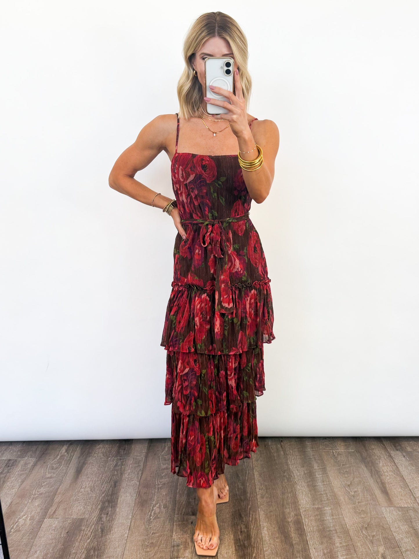 Scarlet Bloom Tiered Midi Dress