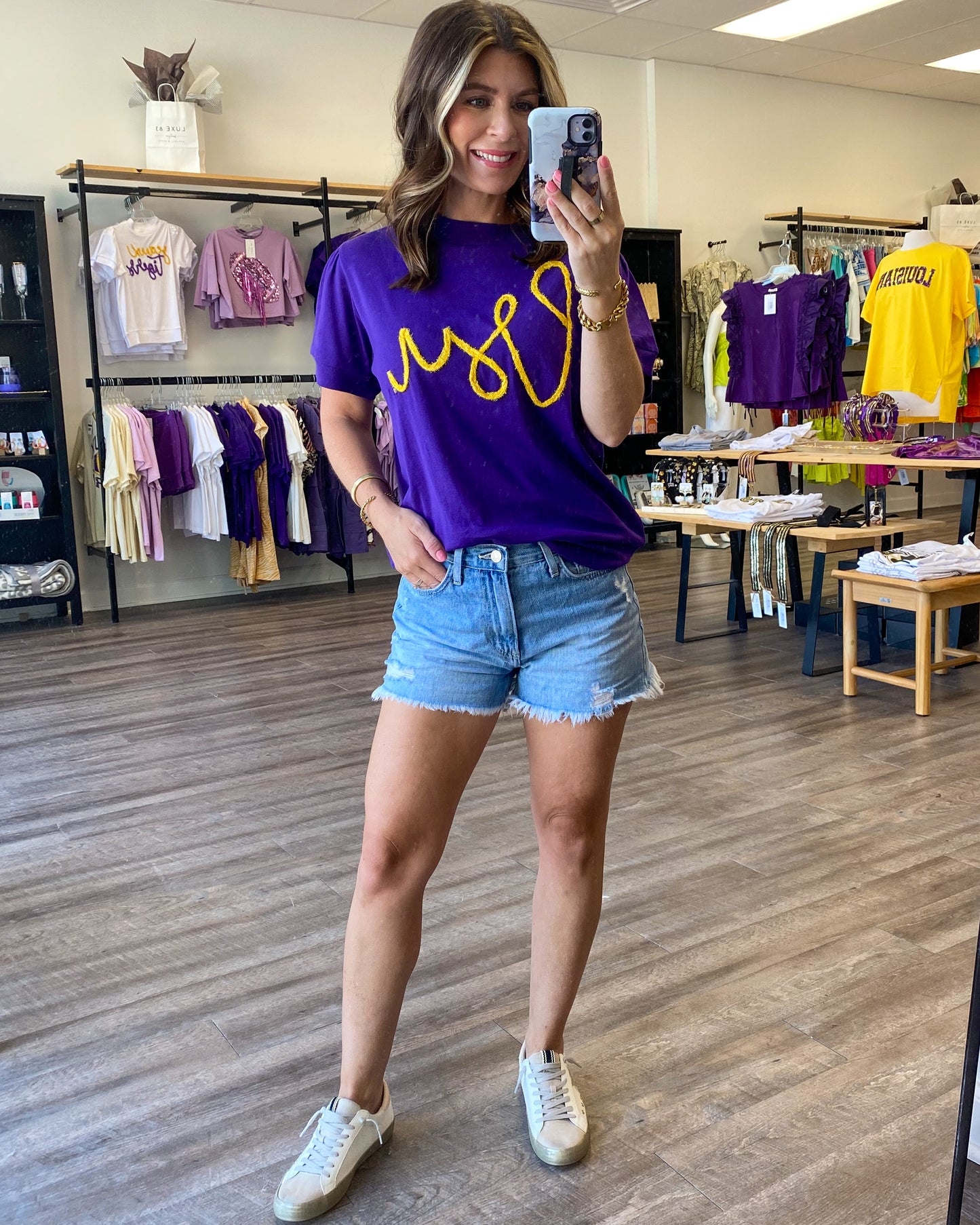 "LSU" Glitter Script Top