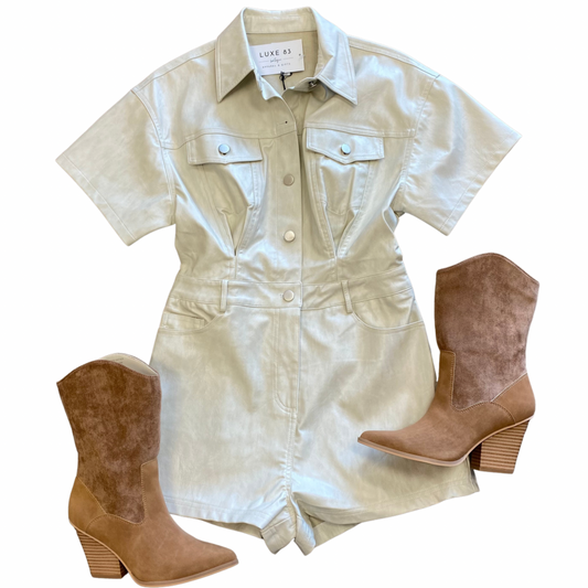 Faux leather ivory romper with button front.