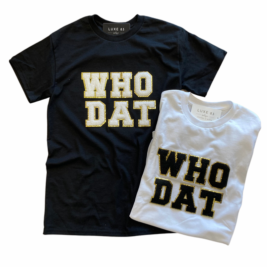 A t shirt available in black or white with patch letters with gold glitter outline.