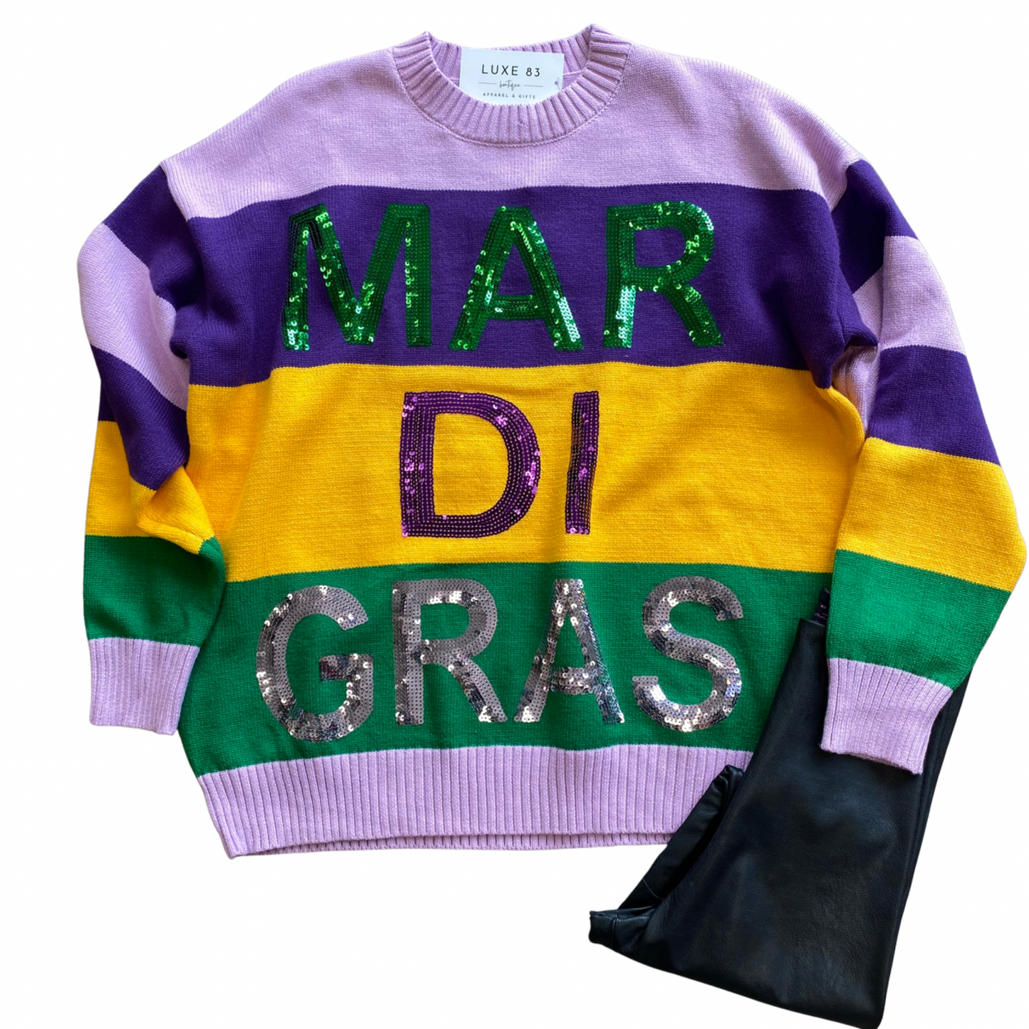 Mardi Gras Stripe Sequin Sweater