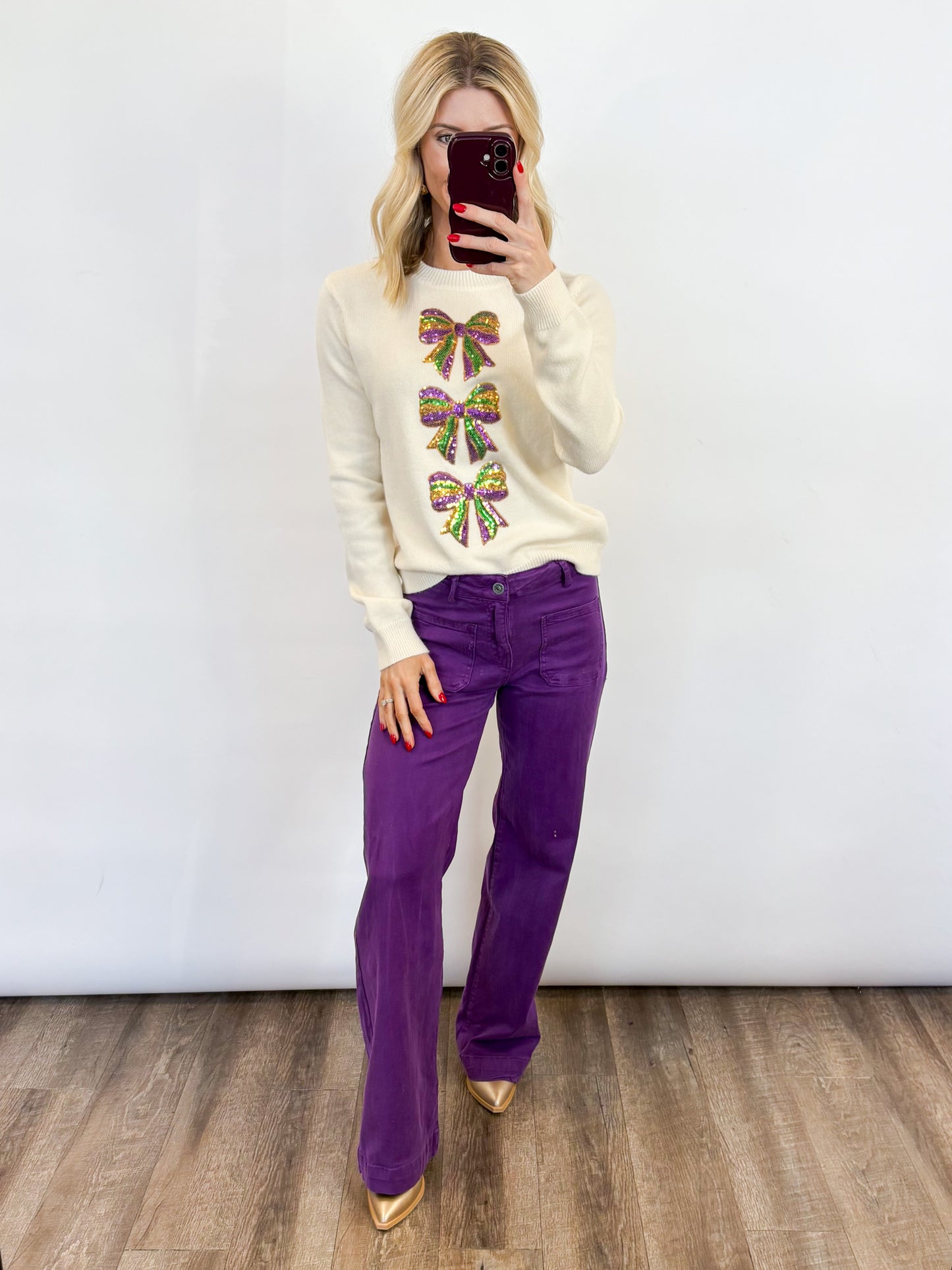 Mardi Gras Bow Sequin Sweater - 2 COLORS
