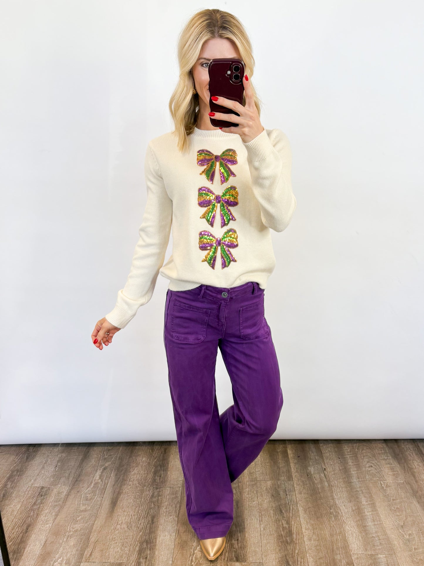 Mardi Gras Bow Sequin Sweater - 2 COLORS