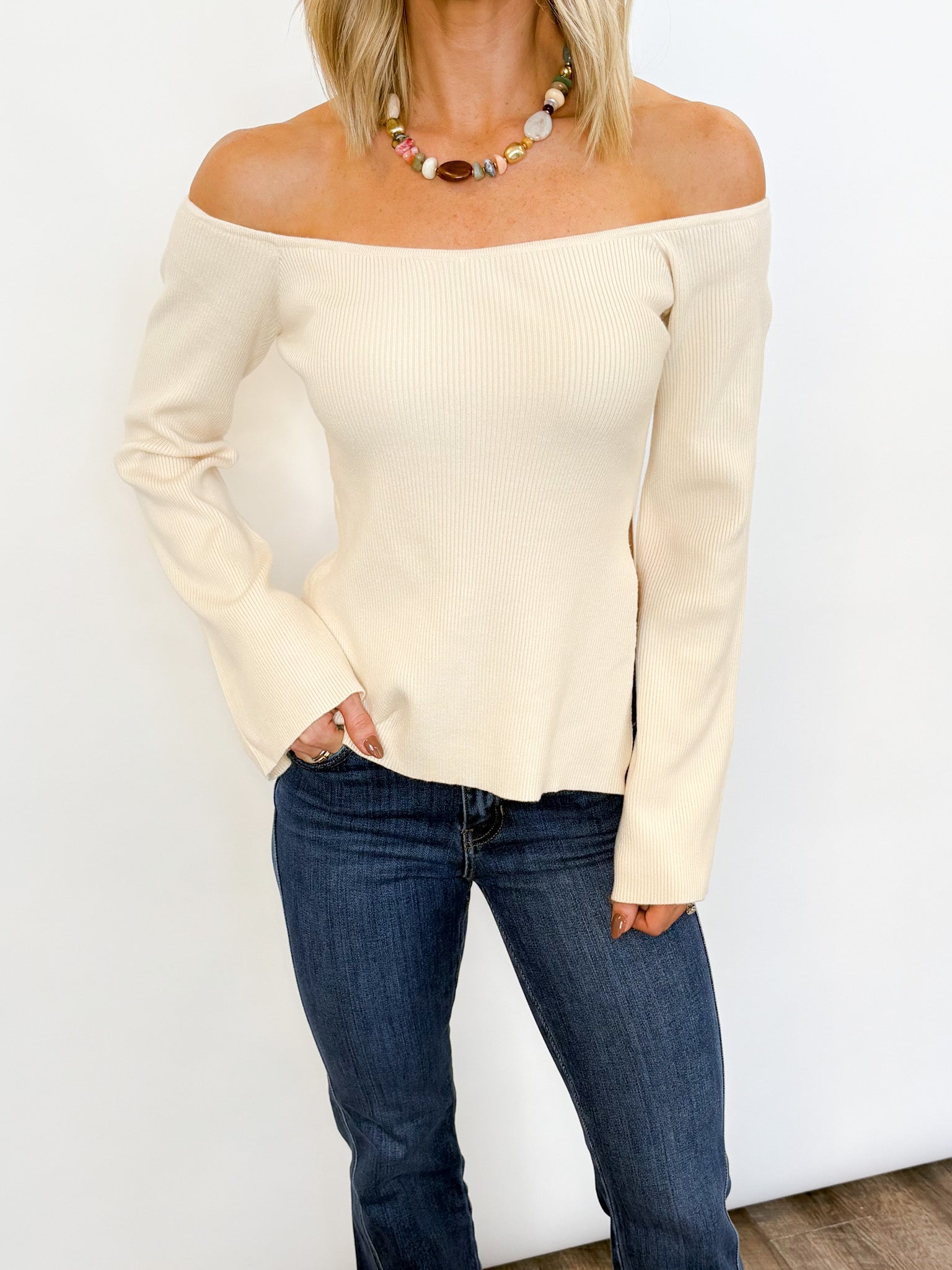 トップス Mou loose knit set up color ivory Ivory Twist Knit Top – Luxe 83 LLC