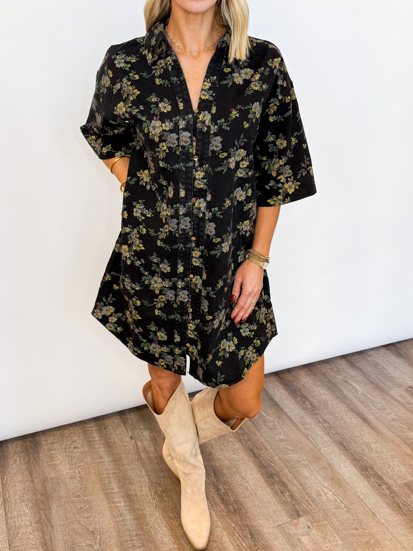 Midnight Meadow Button-Up Dress
