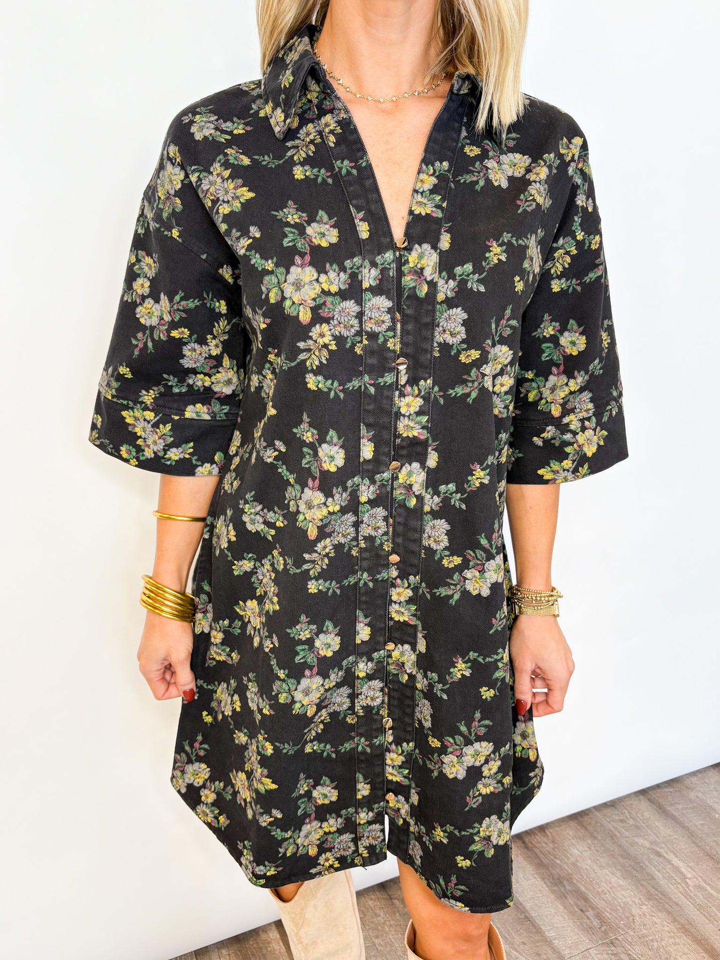 Midnight Meadow Button-Up Dress