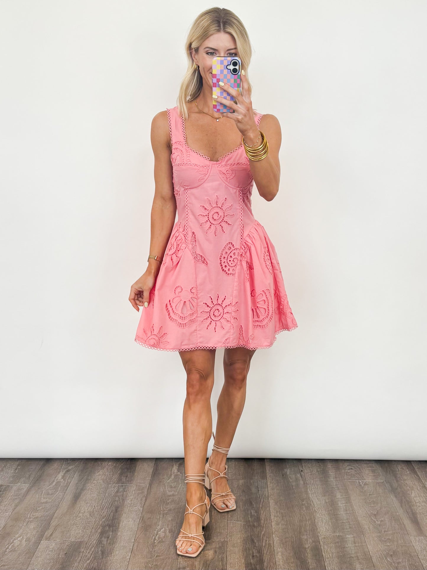 Coral Bloom Eyelet Dress