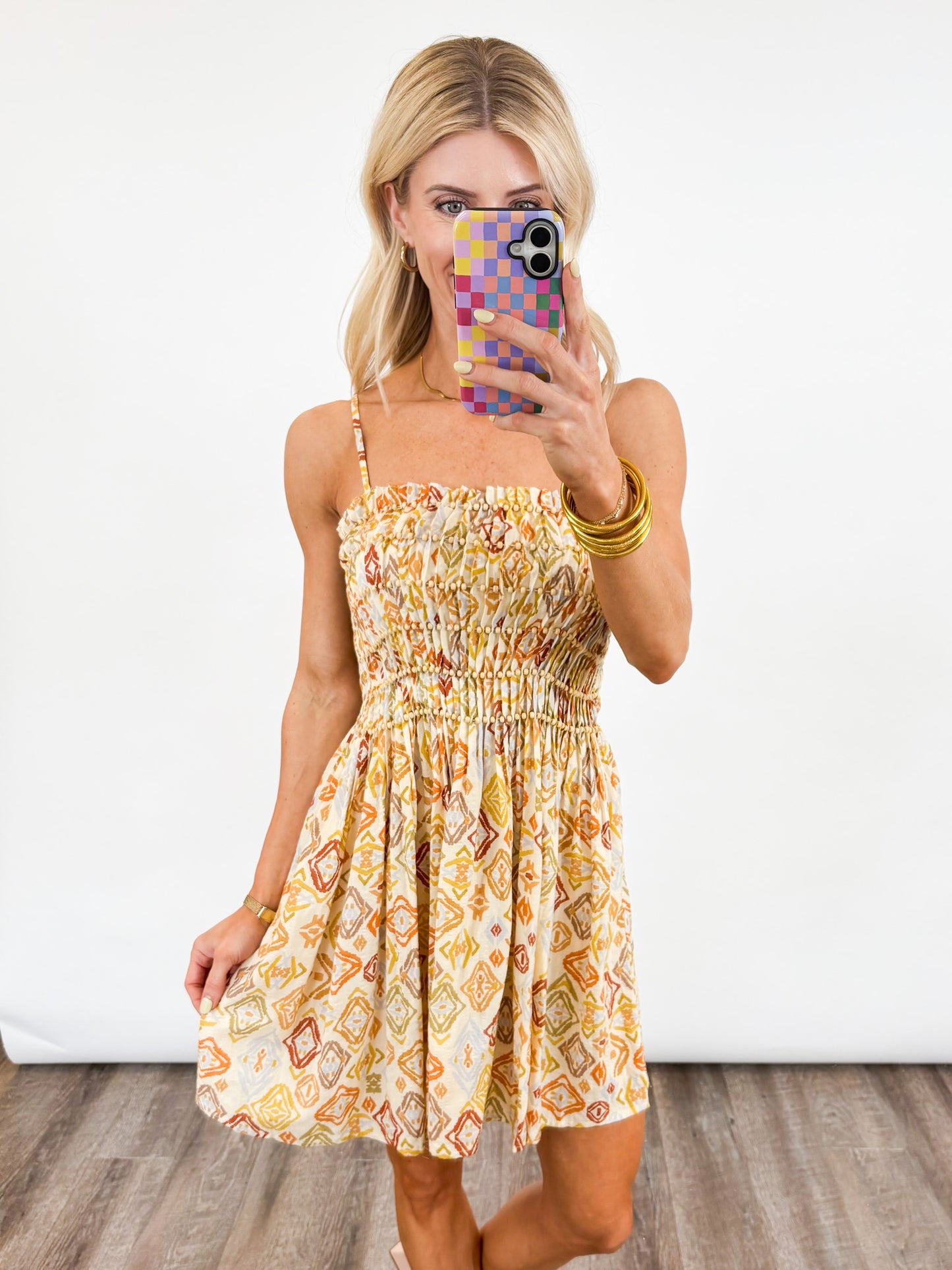 Golden Dunes Beaded Smocked Dress
