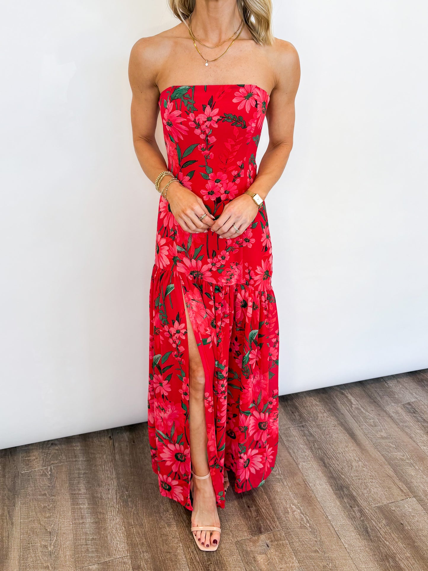 Scarlet Garden Strapless Maxi Dress