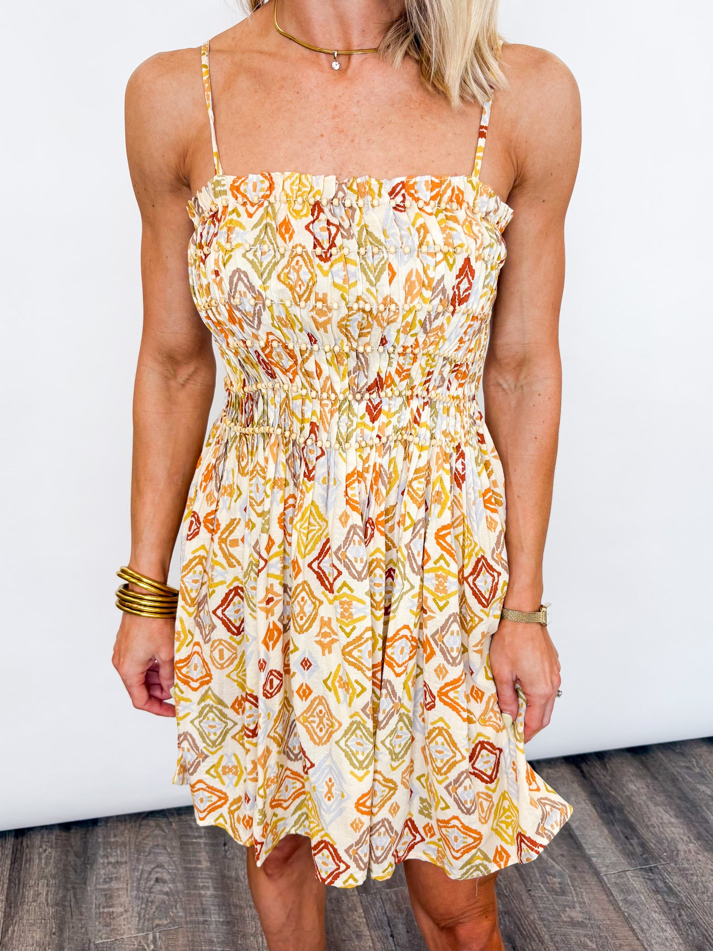Golden Dunes Beaded Smocked Dress