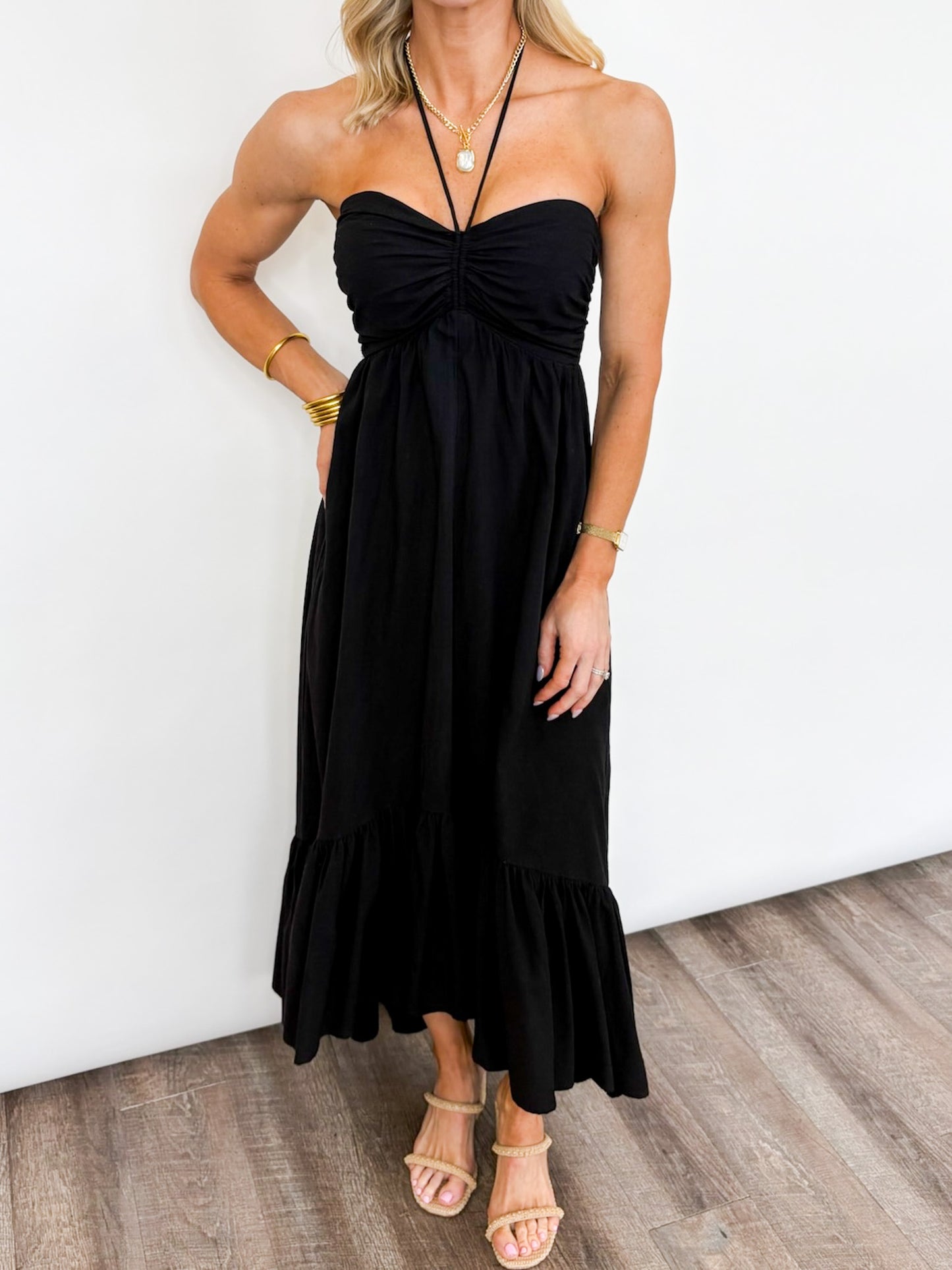 Midnight Breeze Halter Maxi Dress