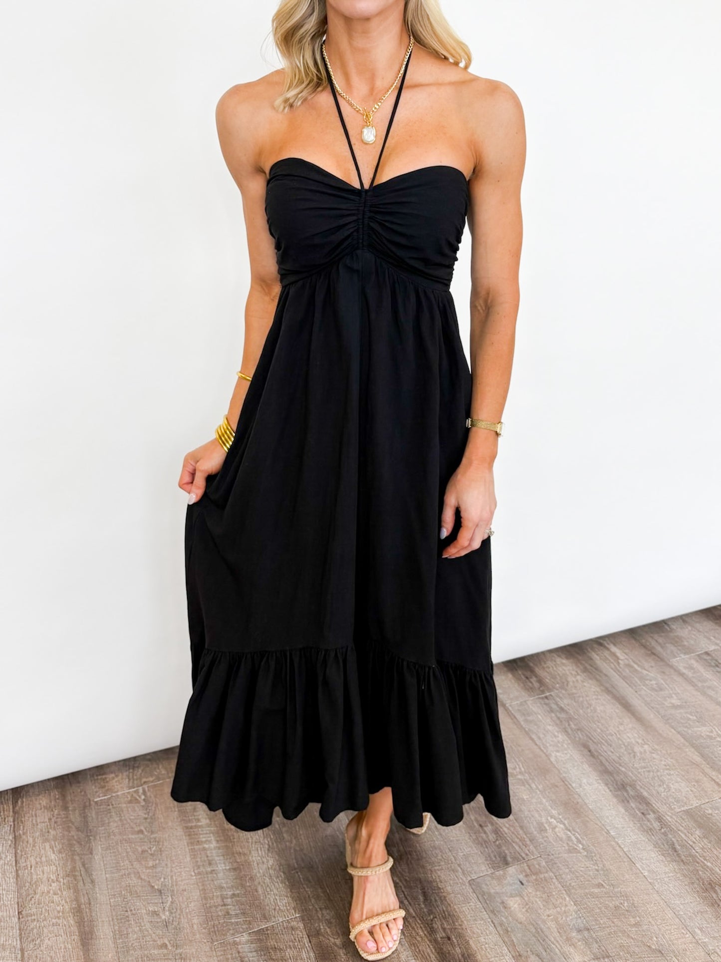 Midnight Breeze Halter Maxi Dress