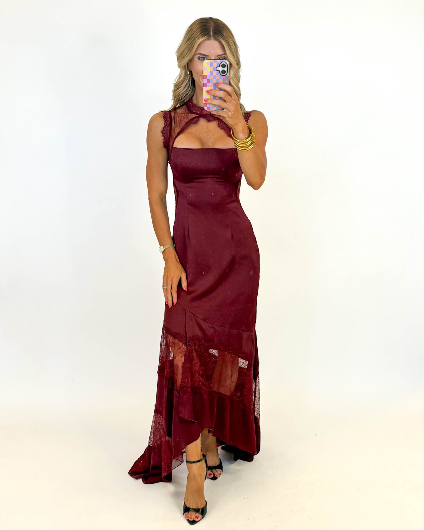Bordeaux Evening Lace Maxi Dress