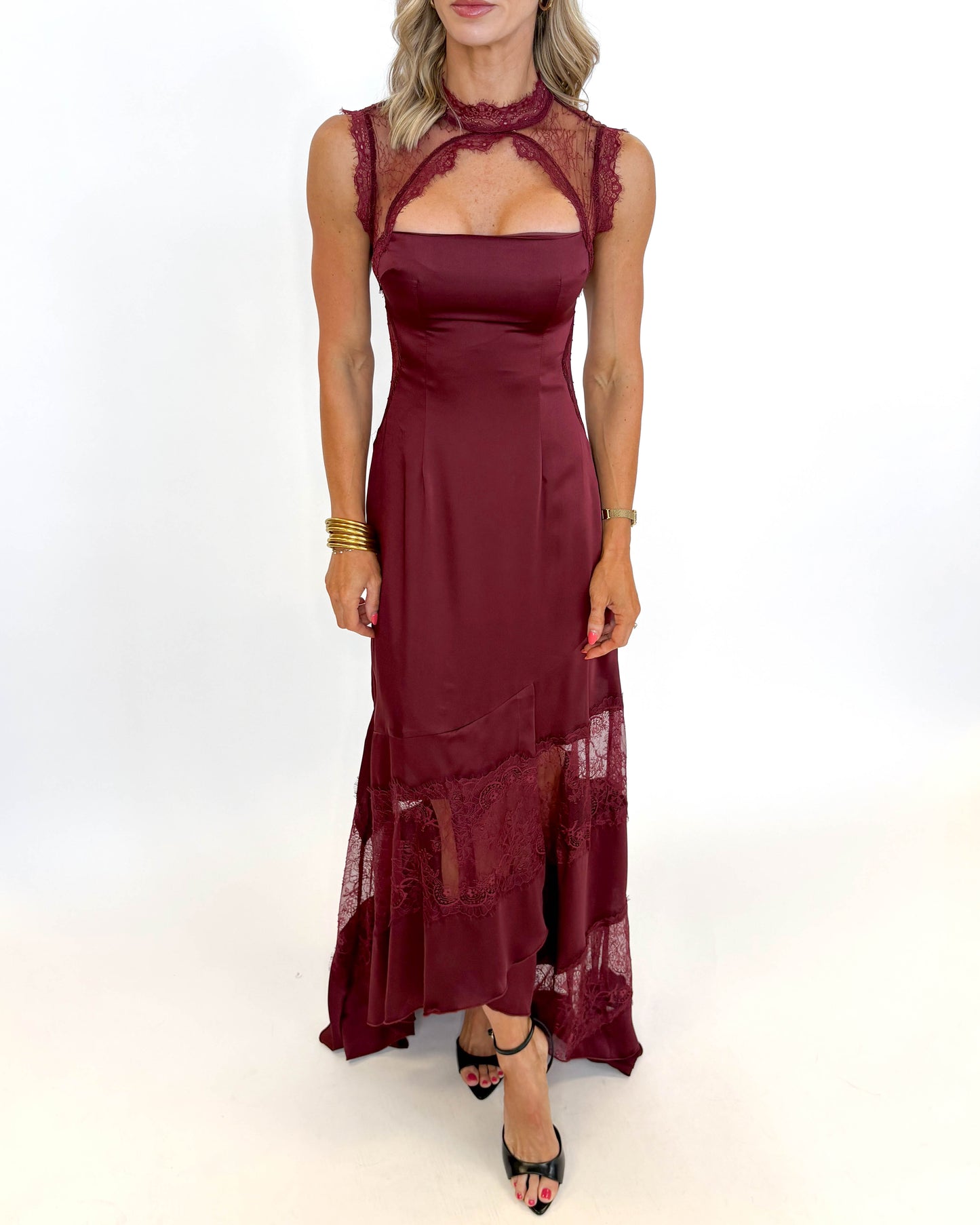 Bordeaux Evening Lace Maxi Dress