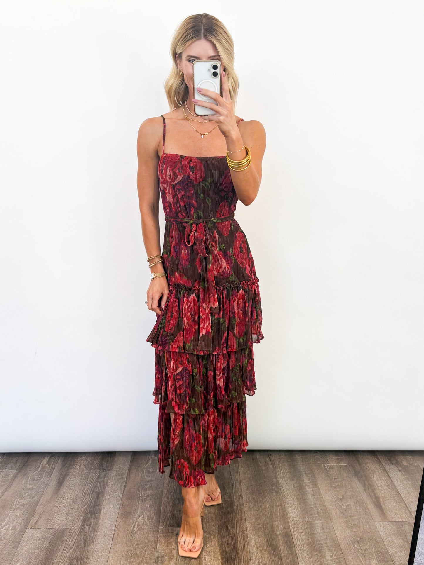 Scarlet Bloom Tiered Midi Dress