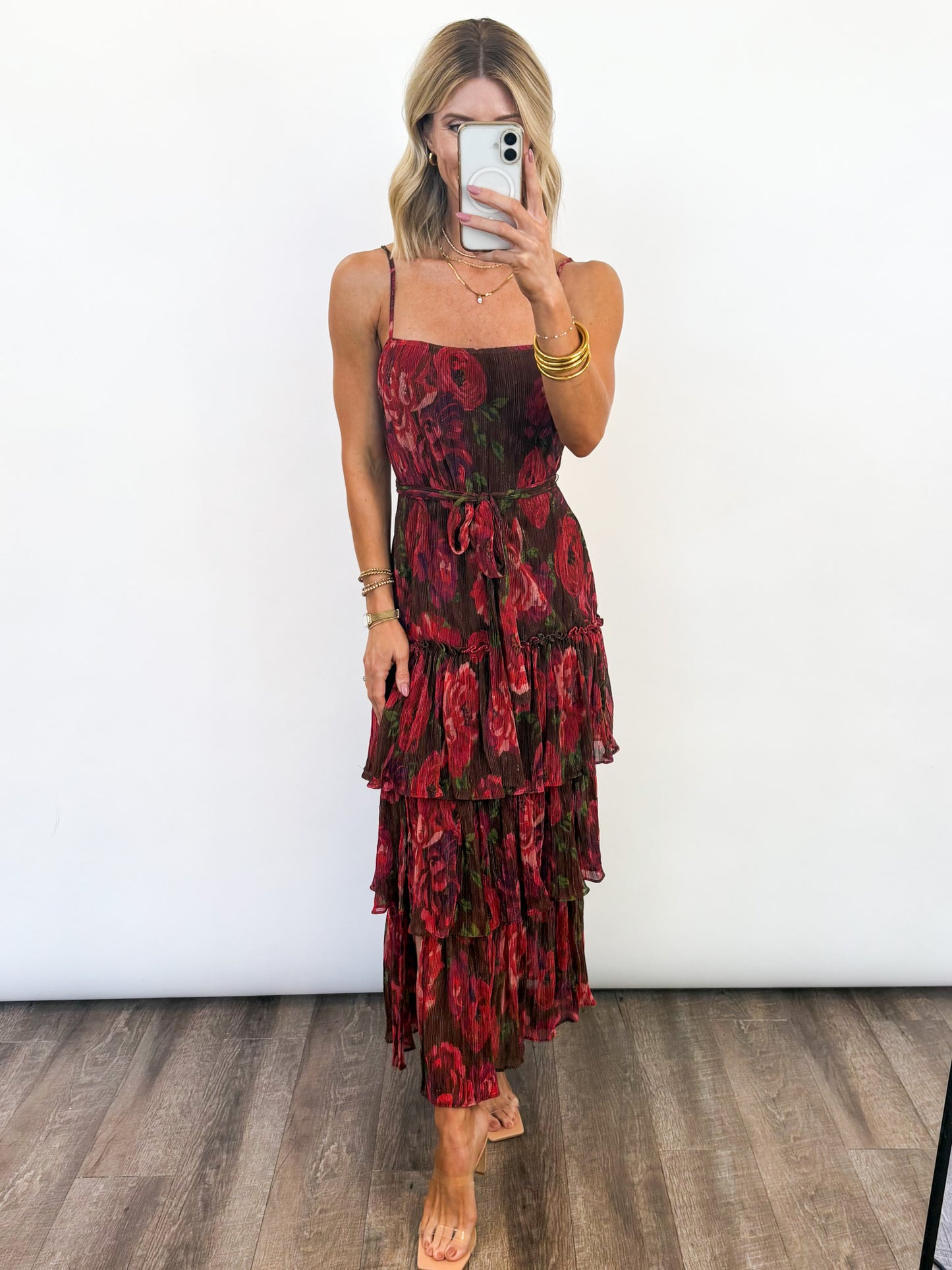 Scarlet Bloom Tiered Midi Dress