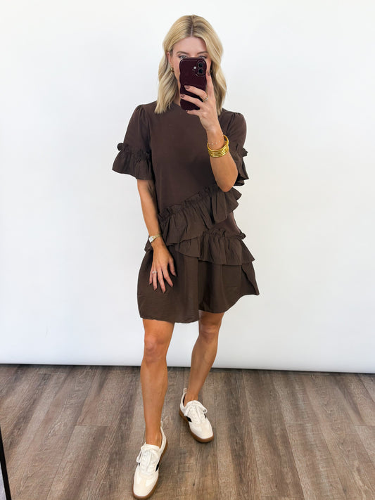 Mocha Ruffle Shift Dress