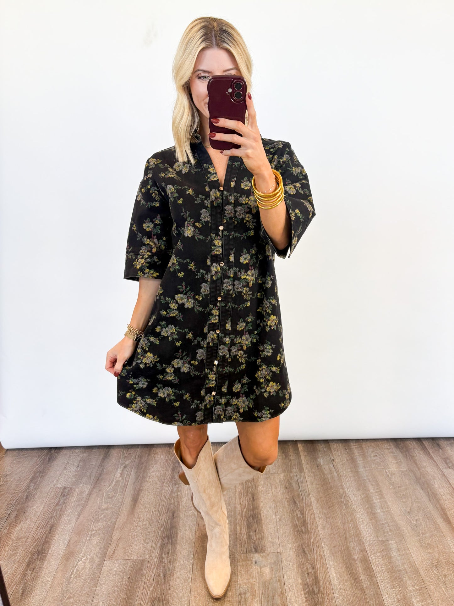 Midnight Meadow Button-Up Dress