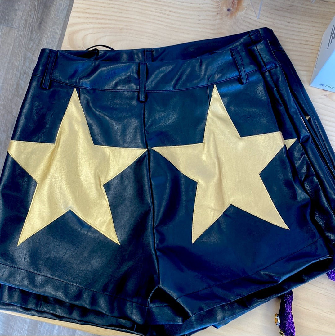 Black & Gold Leather Star Shorts